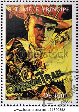 SAO TOME AND PRINCIPE - CIRCA 1995: A stamp printed in Sao Tome shows movie poster The Oregon Trail, circa 1995