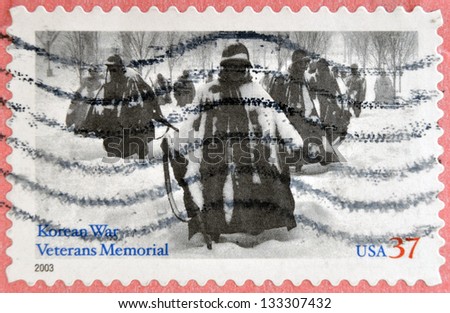 UNITED STATES OF AMERICA - CIRCA 2003: A stamp printed in USA shows American troops in Korea, circa 2003