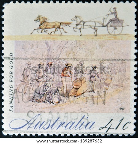 AUSTRALIA - CIRCA 1990: A Stamp printed in Australia shows the Panning for Gold, circa 1990