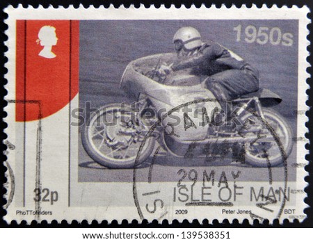 ISLE OF MAN - CIRCA 2009: A stamp printed in Isle of Man dedicated to racing motorcycles of the 50, circa 2009