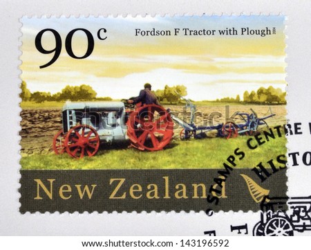 NEW ZEALAND - CIRCA 2004: A stamp printed in New Zealand dedicated to historic farm equipment, shows Fordson F tractor with Plough, circa 2004