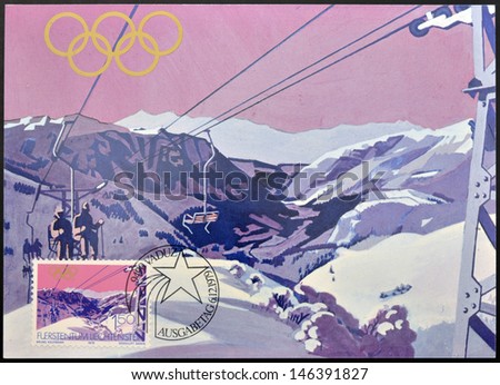 LIECHTENSTEIN - CIRCA 1979: A stamp printed in Liechtenstein dedicated to winter olympics at Lake Placid 1980 shows sareis chair lift, circa 1979