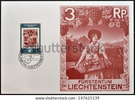 LIECHTENSTEIN - CIRCA 1980: A stamp printed in Liechtenstein dedicated to 50 years of Postal Museum shows countrywoman with basket of fruits, circa 1980