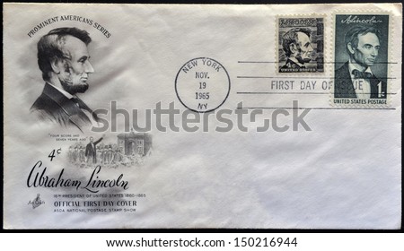 UNITED STATES OF AMERICA - CIRCA 1965: A stamp printed in USA shows President Abraham Lincoln (1809-1865), first day of issue, circa 1965
