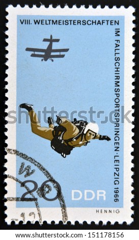 GERMANY - CIRCA 1966: A stamp printed in East Germany shows parachutist, circa 1966