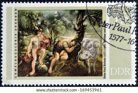 GERMANY - CIRCA 1977: a stamp printed in GDR (East Germany) shows Mercury and Argus, Painting by Peter Paul Rubens, circa 1977