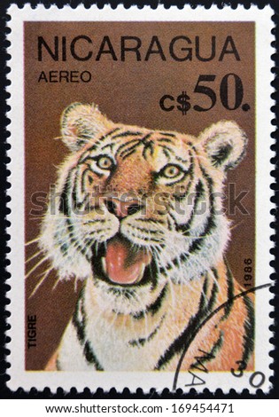 NICARAGUA - CIRCA 1986: a stamp printed in Nicaragua shows a tiger, circa 1986