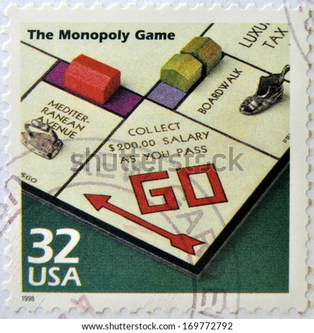 UNITED STATES OF AMERICA - CIRCA 1998: a stamp printed in USA showing an image of monopoly game, circa 1998.