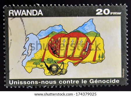 RWANDA - CIRCA 1990: A stamp printed in Rwanda dedicated to fight against genocide, circa 1990