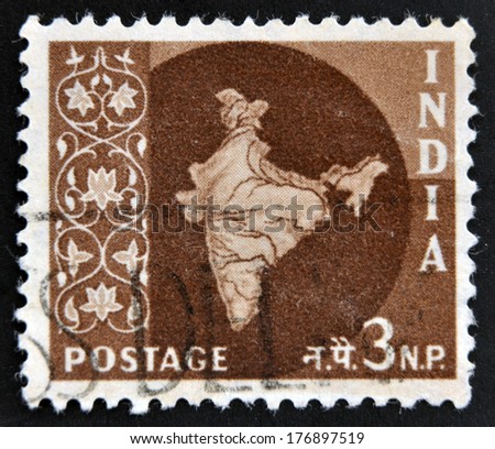 INDIA - CIRCA 1957: A stamp printed in India shows Map of India, circa 1957