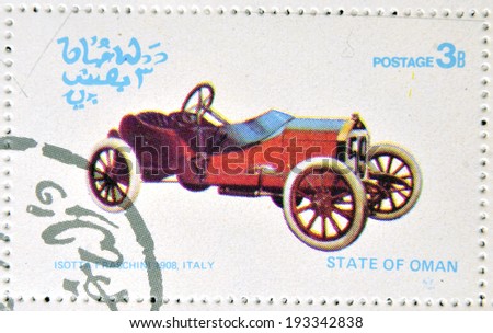 OMAN - CIRCA 1977: A stamp printed in State of Oman shows a old car, Isotta Fraschini 1908, Italy, circa 1977