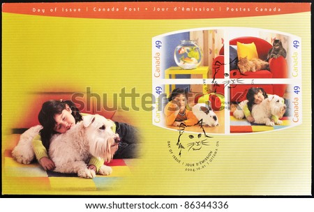 CANADA - CIRCA 2004: A stamp printed in Canada shows different pictures with pets, first day of issue, circa 2004