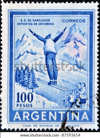 ARGENTINA - CIRCA 1959: A stamp printed in Argentina dedicated to winter sports, San Carlos de Bariloche, circa 1959