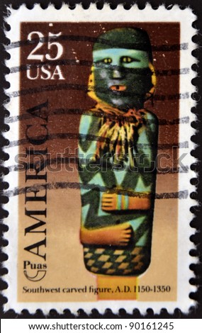 UNITED STATES OF  AMERICA- CIRCA 1989: A stamp printed in USA shows Southwest carved figure, circa 1989