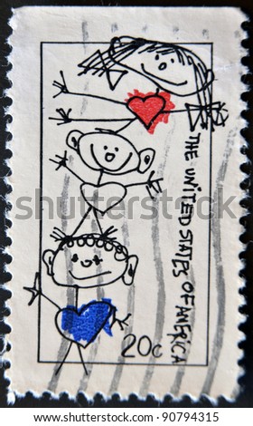 UNITED STATES OF AMERICA - CIRCA 1984: A stamp printed in USA shows stick figures, circa 1984