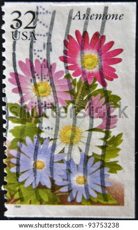 UNITED STATES OF AMERICA - CIRCA 1996: A stamp printed in USA shows a flower, anemone, circa 1996