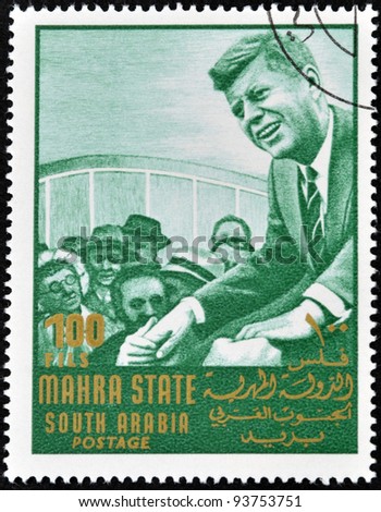 SOUTH ARABIA - CIRCA 1967: stamp printed by South Arabia, shows John Fitzgerald Kennedy, circa 1967.