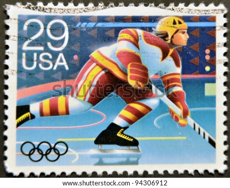 UNITED STATES OF AMERICA - CIRCA 1992: A stamp printed in USA dedicated to Winter Olympics, shows hockey, circa 1992