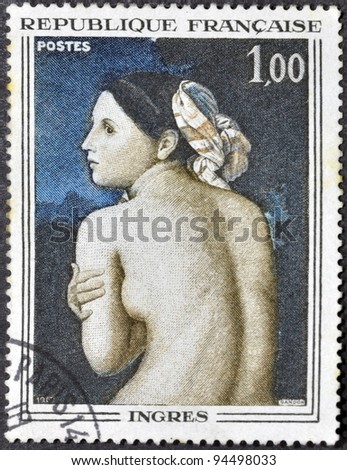 FRANCE - CIRCA 1967: A stamp printed in France shows Half-Figure of a Bather by Jean-Auguste-Dominique Ingres, circa 1967