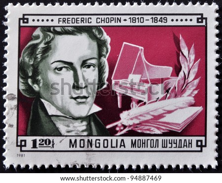 MONGOLIA - CIRCA 1981: A stamp printed in Mongolia shows image of the famous composer Frederic Chopin,  circa 1981