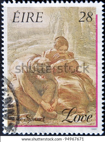 IRELAND - CIRCA 1989: A stamp printed in Ireland dedicated the sonnet by William Mulready, love, circa 1989