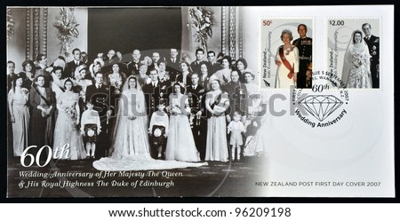 NEW ZEALAND - CIRCA 2007: A stamp printed in New Zealand commemorating the 60th wedding anniversary of Queen Elizabeth II, circa 2007