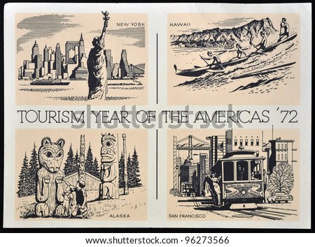UNITED STATES OF AMERICA - CIRCA 1972: American postal dedicated to tourism year of the Americas, 1972