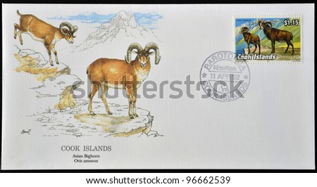 COOK ISLANDS - CIRCA 1992: A postcard printed in Cook Islands shows asian bighorn, ovis ammon, circa 1992