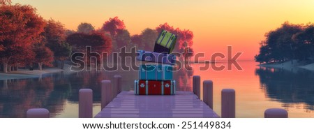 illustration of a landscape with trees reflected in water and suitcases