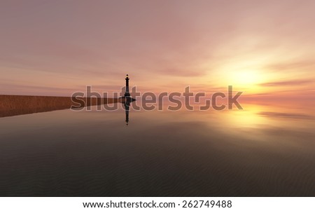 lighthouse on the coast and sunset reflected in water