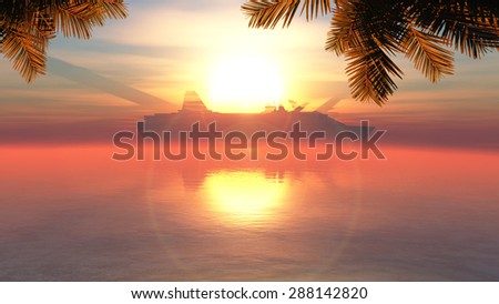 palm tree on the coast, sunset and cruise ship
