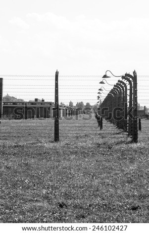 Electric fence in former Nazi concentration camp Auschwitz, Poland