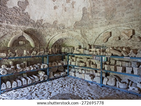 BAR, MONTENEGRO - APRIL 25, 2015: Lapidary was opened in 2013 in the building of gunpowder warehouse in the old town of Bar. It presents stone fragments of buildings dating from 5 - 9 centuries