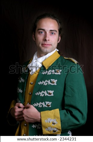 Romanticism of military service XIX or XVIII century Old time stile dressed man in darkness
