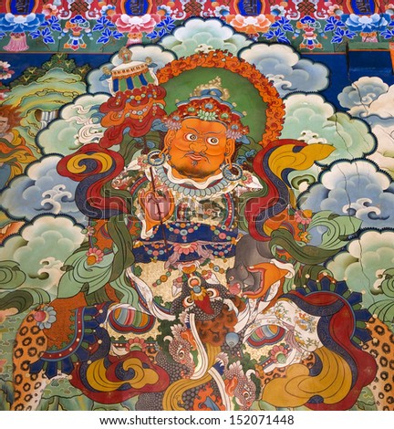 Buddhist art on the walls of Drepung Monastery in the Tibet Autonomous Region of China. Drepung is the largest of all Tibetan monasteries and is located on the Gambo Utse mountain, near Lhasa.