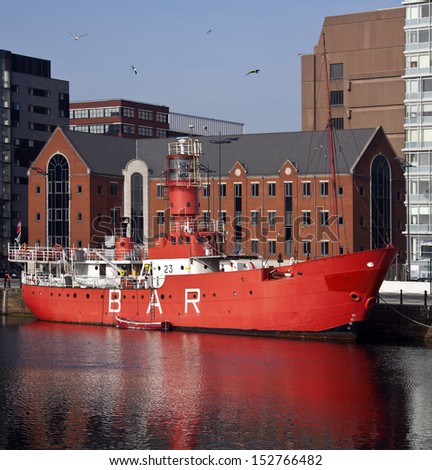 An old lightship in Albert Dock in the city of Liverpool in northwest England.