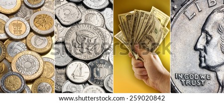 Coins and banknotes - Bimetallic coins from around the world, Silver coins, Handful of US Dollar Banknotes and close up of a United States Quarter with the inscription In God we Trust.