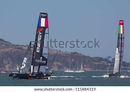 SAN FRANCISCO, CA - AUGUST 26: Italian team tries to overtake the French team in the bay of San Francisco during the final of the America\'s Cup 2012. Aug 26 2012