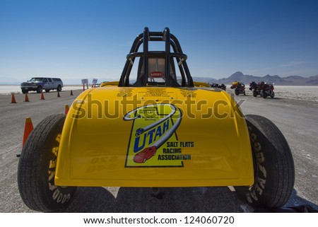 BONNEVILLE SALT FLATS, UTAH - SEPT. 8: The official Salt Flats Racing Association speed car sits on the track during the World of Speed 2012 on Sept. 8, 2012 in Bonneville Salt Flats, Utah.