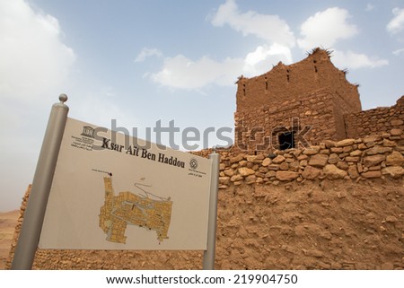 AIT BEN HADDOU, MOROCCO, AUGUST 31: Map details of the fortified city, or ksar, along the former caravan route between the Sahara and Marrakech. It is a UNESCO World Heritage Site. Morocco 2014