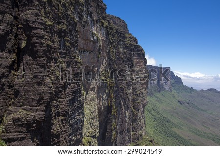 Sheer cliffs of Mount Roraima - landscape with blue sky and clouds background. View on the Gran Sabana and Mount Roraima. Venezuela 2015.