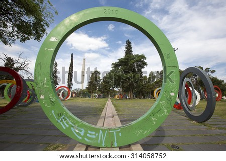 CORDOBA, ARGENTINA, NOV 28: Modern sculpture made of iron circles located in a public park in downtown Cordoba. Argentina 2014