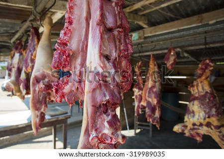 Hanging meat outside, meat industry in Palomino, La Guajira, Colombia 2014.