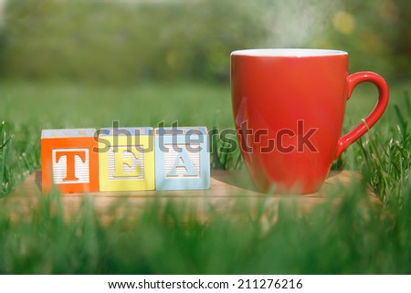 Cup of tea and wooden blocks at grass