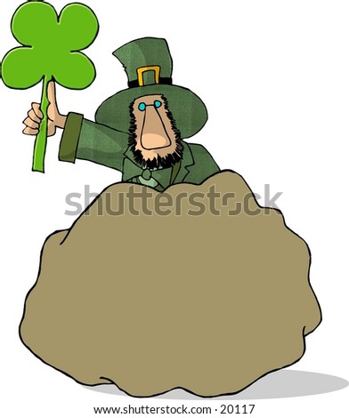 Illustration of an Irish Leprechaun holding a four leaf clover and hiding behind a large boulder.