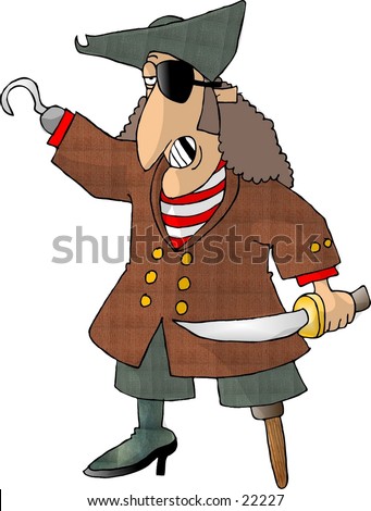 Clipart illustration of a pirate with a peg leg, eye patch and hook.