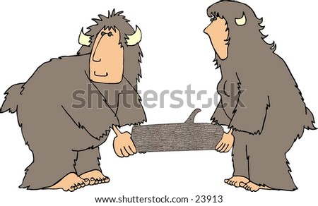 Clipart illustration of two, hairy beasts with human faces carrying a large log.