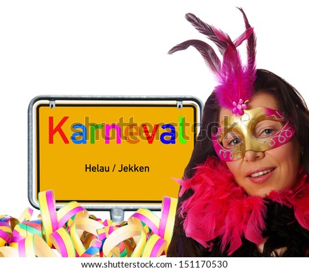 Woman with mask and shield with the german word Carnival / Carnival