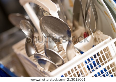 dirty dishes and dishwasher detergent / dishwasher