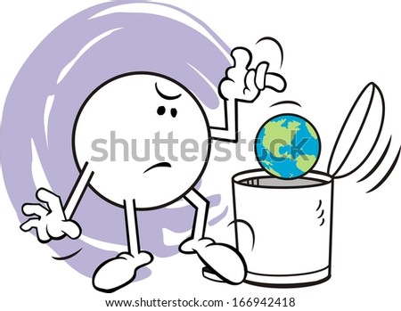 Moodie Character Tossing a Globe into a Trash Can